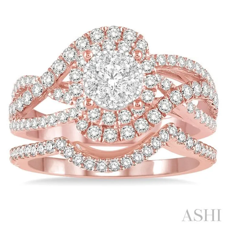 1 1/4 Ctw Diamond Lovebright Wedding Set with 1 Ctw Engagement Ring and 1/5 Ctw Wedding Band in 14K Rose and White Gold