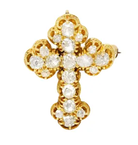 1870's Victorian 2.00 CTW Old Mine Diamond 18 Karat Yellow Gold Cross Pendant Brooch