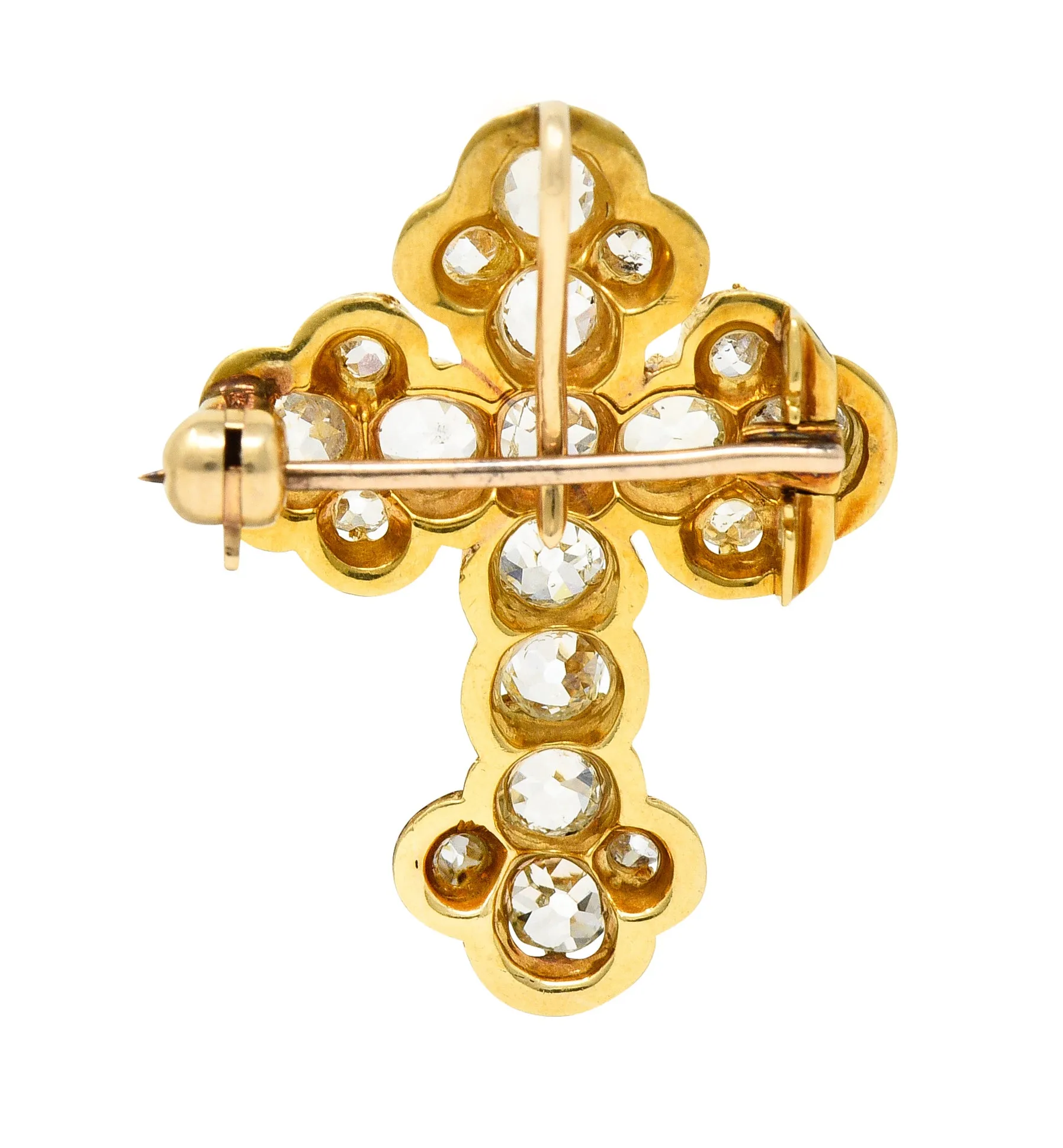 1870's Victorian 2.00 CTW Old Mine Diamond 18 Karat Yellow Gold Cross Pendant Brooch