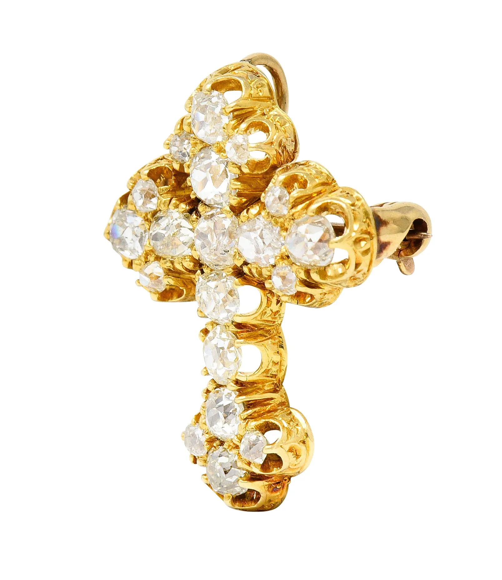 1870's Victorian 2.00 CTW Old Mine Diamond 18 Karat Yellow Gold Cross Pendant Brooch