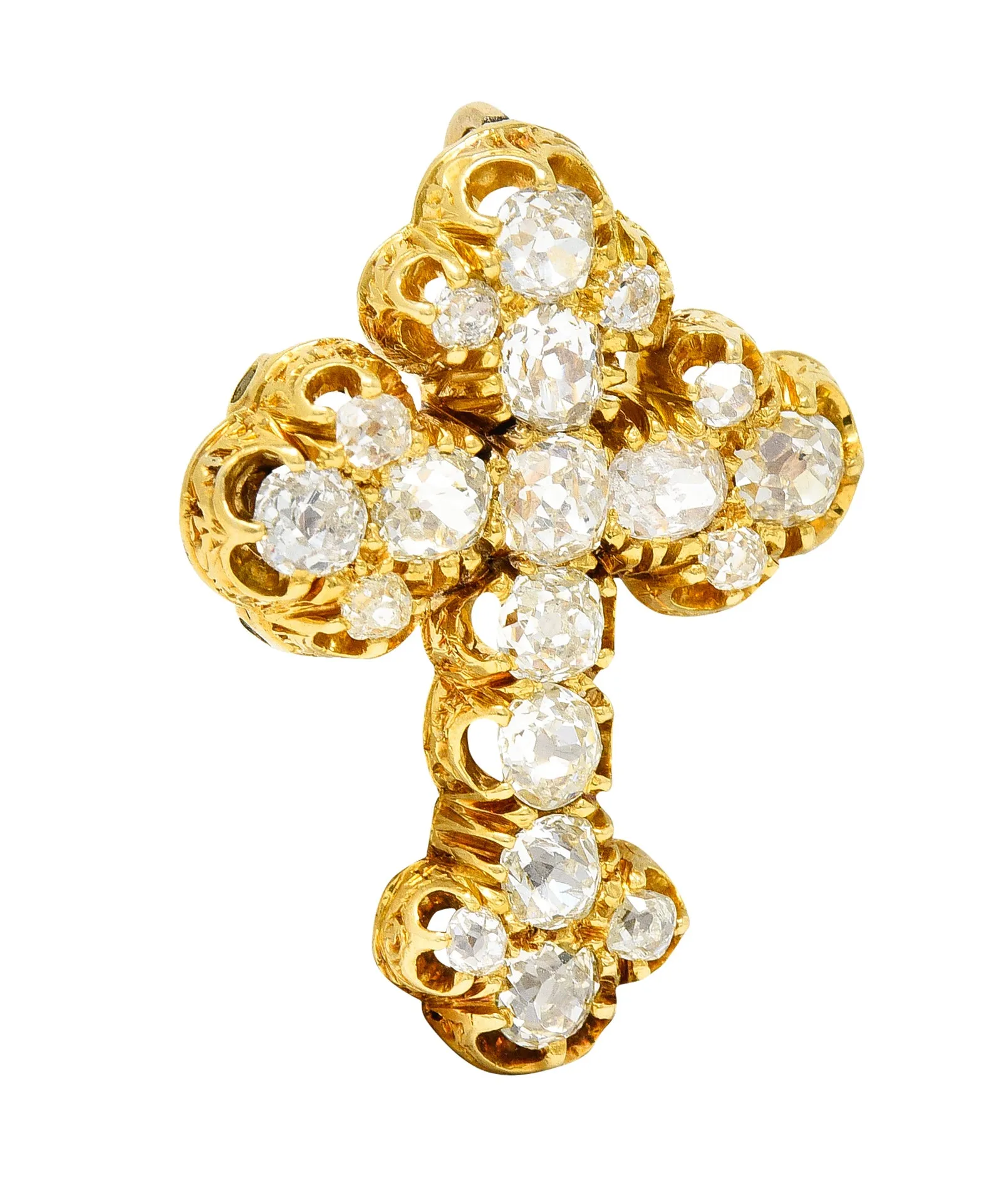 1870's Victorian 2.00 CTW Old Mine Diamond 18 Karat Yellow Gold Cross Pendant Brooch