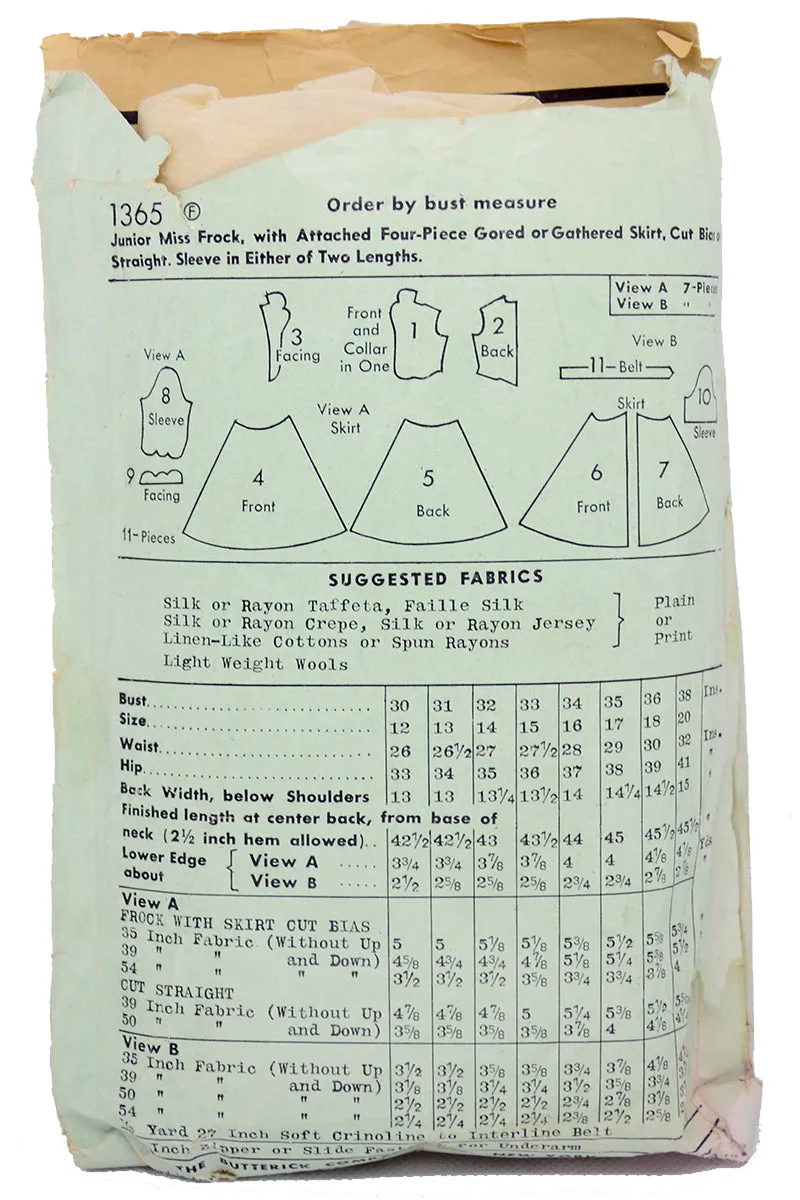 1941 Butterick 1365 Vintage Sewing Pattern for Junior Miss Dress