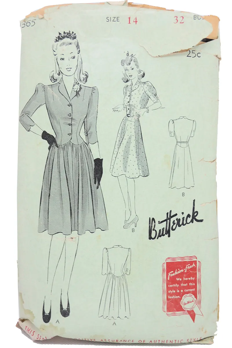 1941 Butterick 1365 Vintage Sewing Pattern for Junior Miss Dress