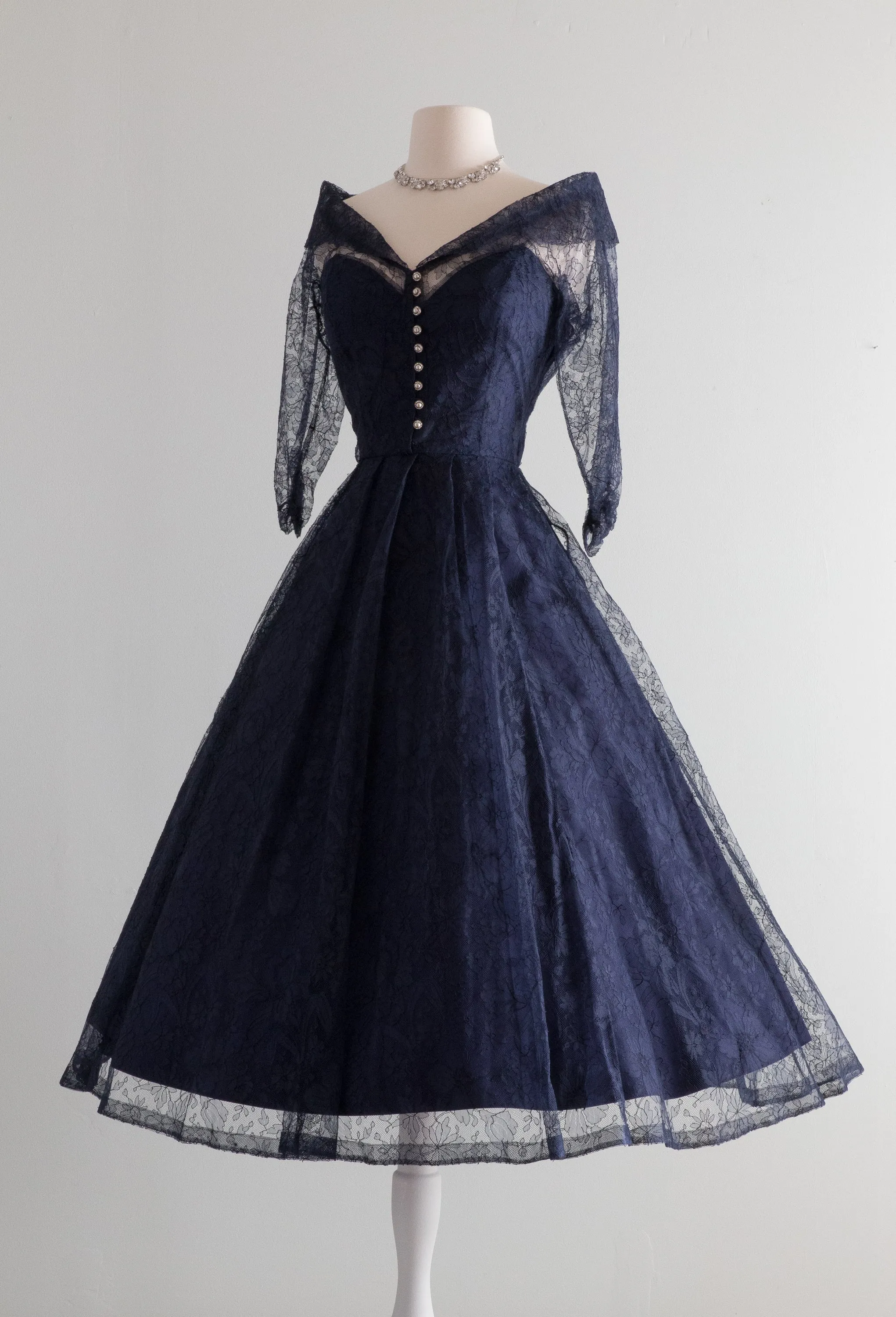 1950's Classic Midnight Blue New Look Era Lace Cocktail Dress / Waist 26