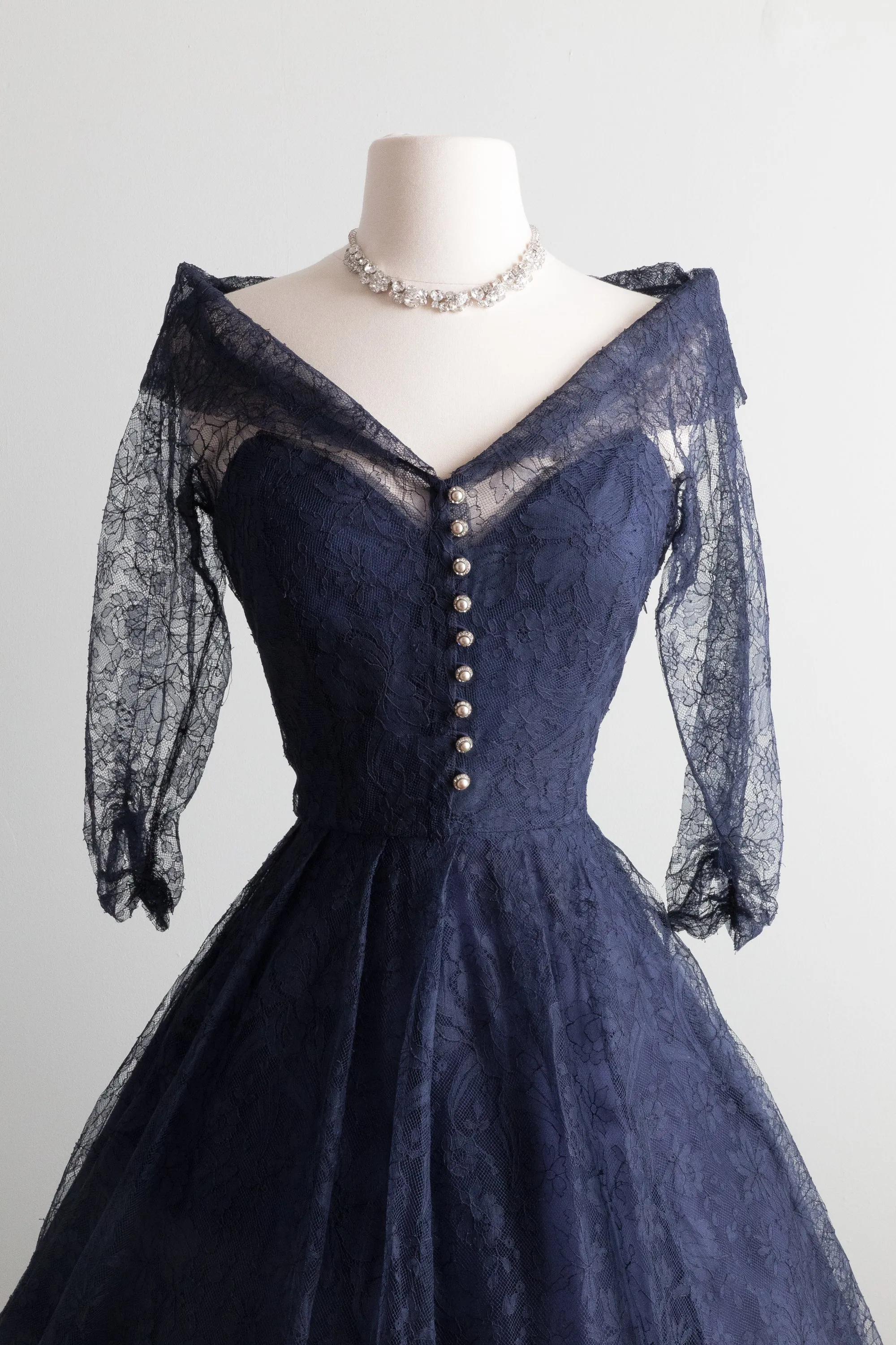 1950's Classic Midnight Blue New Look Era Lace Cocktail Dress / Waist 26