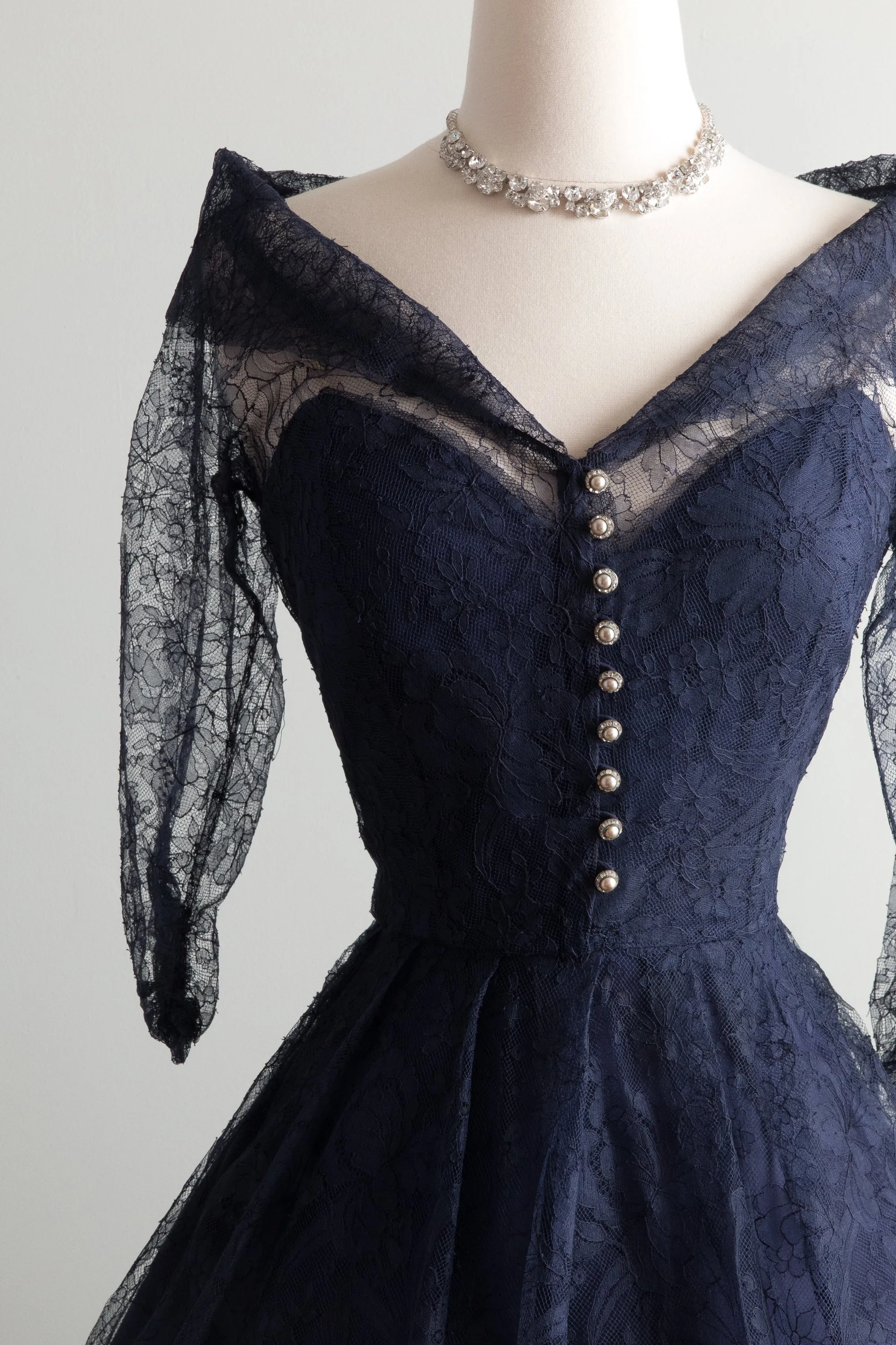 1950's Classic Midnight Blue New Look Era Lace Cocktail Dress / Waist 26