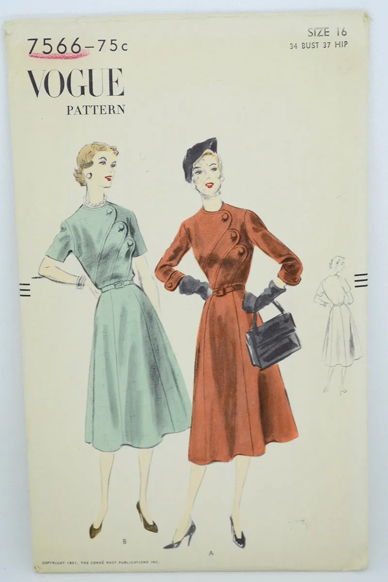 1952 Vogue 7566 Vintage Dress Sewing Pattern