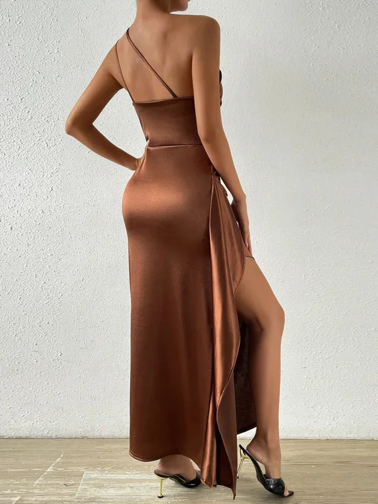 2024 Satin Oblique Shoulder Maxi Dress with Thigh High Split Cut Out Dresses