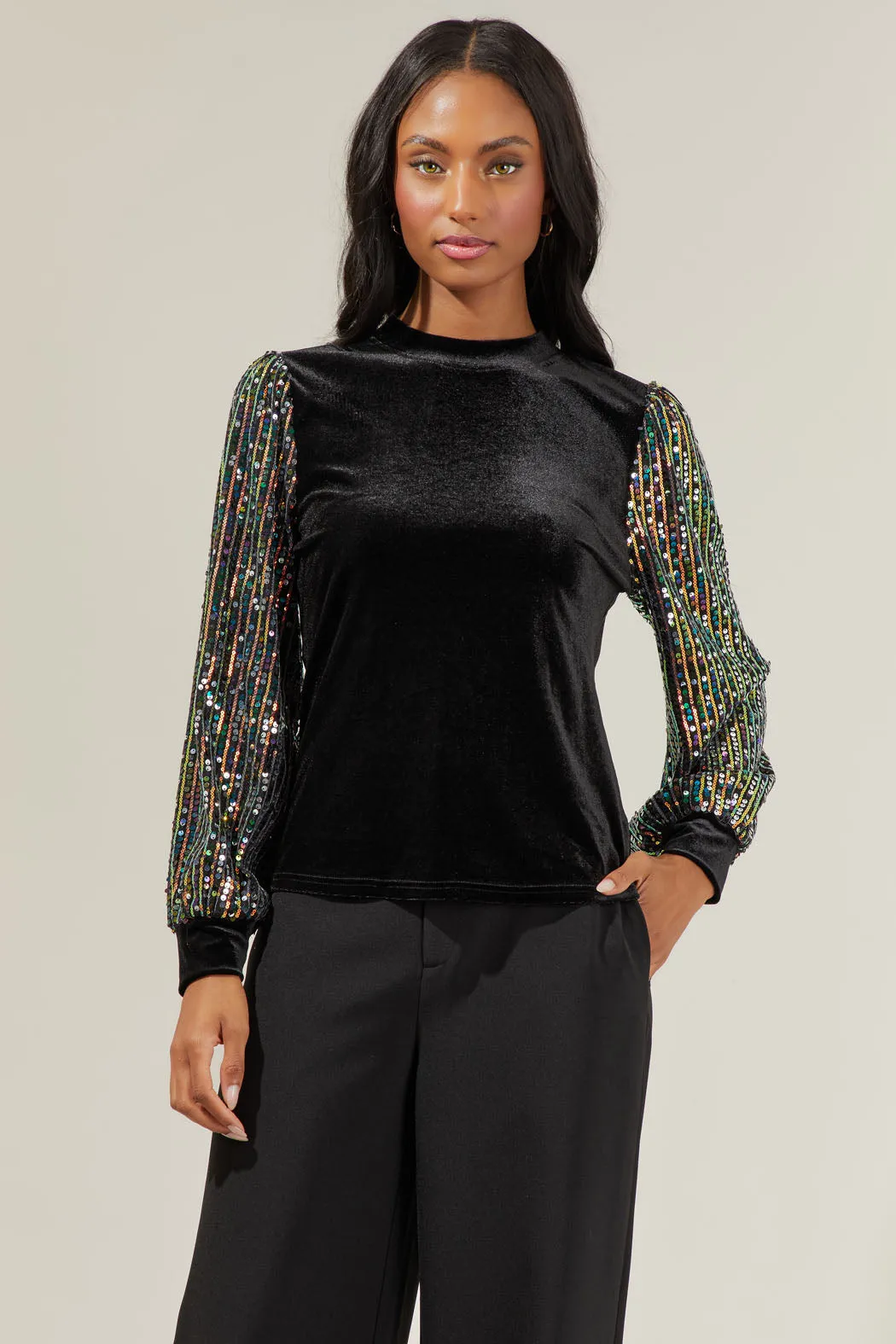 Abby Velvet Mock Neck Sequin Balloon Sleeve Blouse