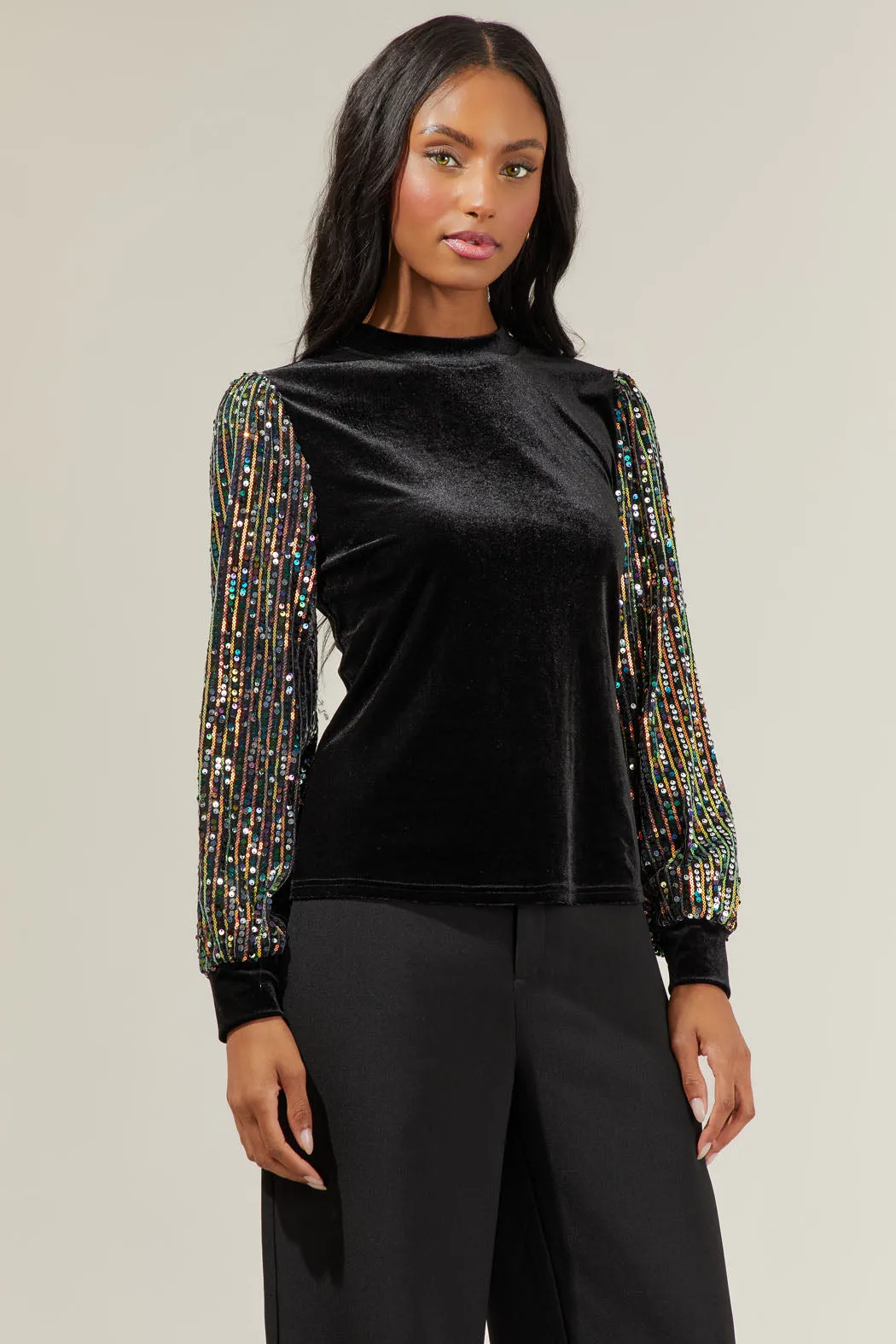 Abby Velvet Mock Neck Sequin Balloon Sleeve Blouse