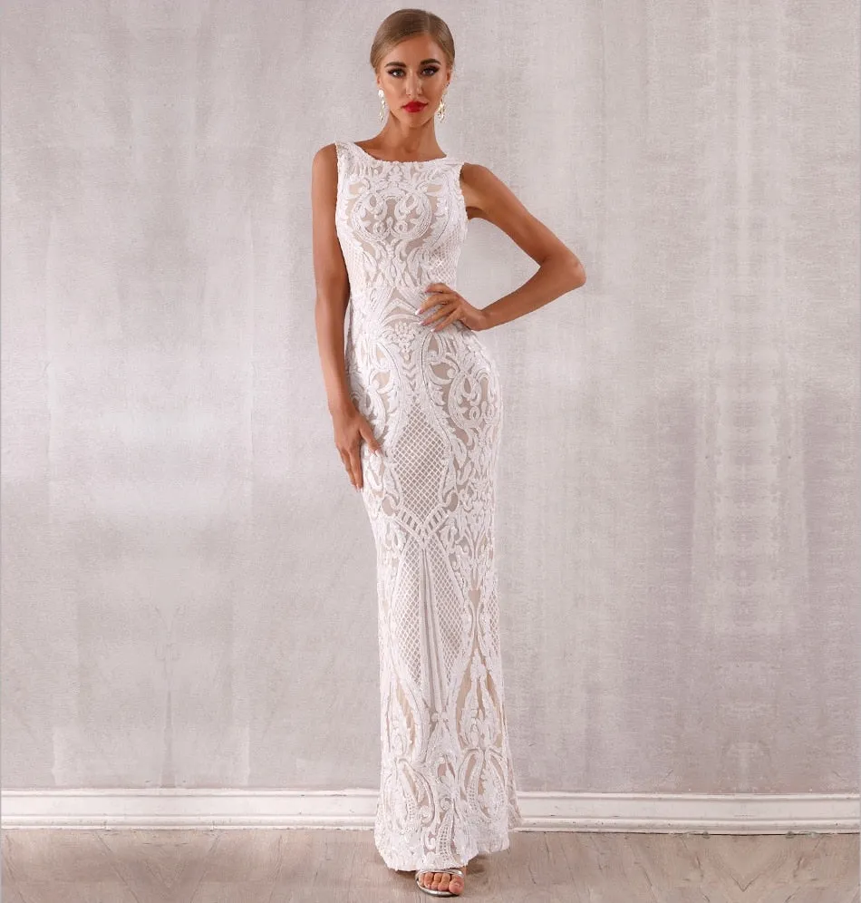 Angelique Sequin White Maxi Formal Dress