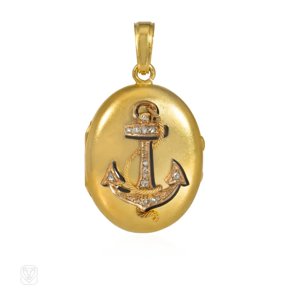 Antique French gold and diamond anchor locket