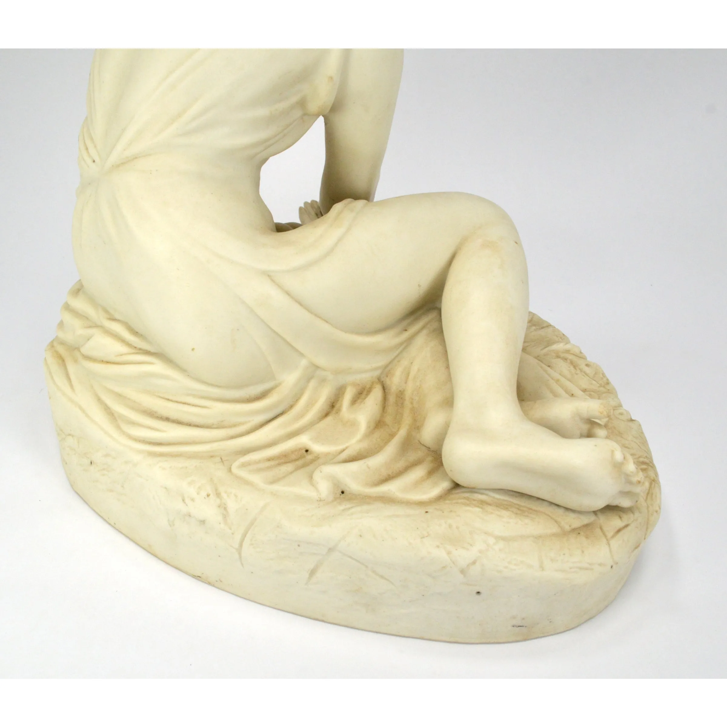 Antique PORCELAIN-PARIAN STATUE Large 12" MAIDEN NYMPH w/ LEAVES Seated on Rock