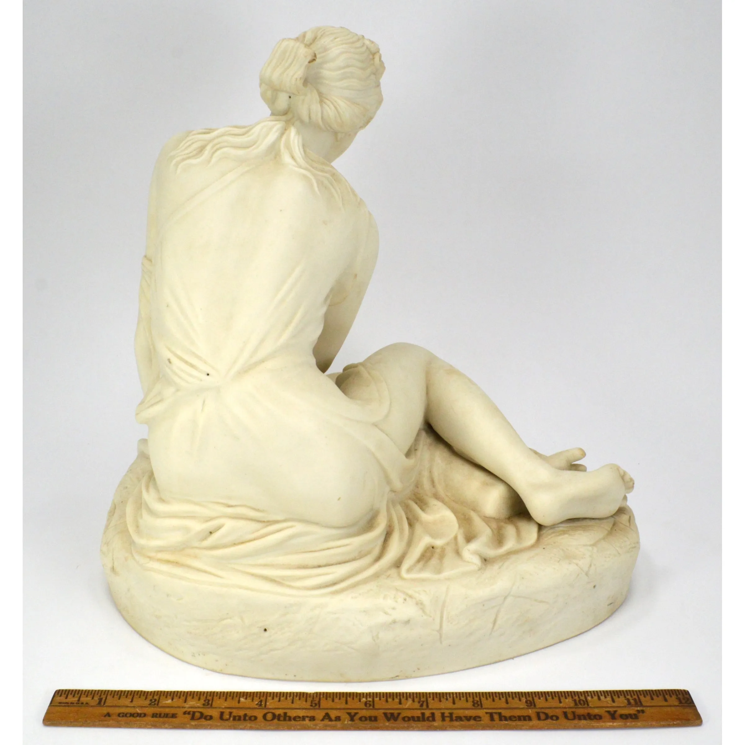 Antique PORCELAIN-PARIAN STATUE Large 12" MAIDEN NYMPH w/ LEAVES Seated on Rock