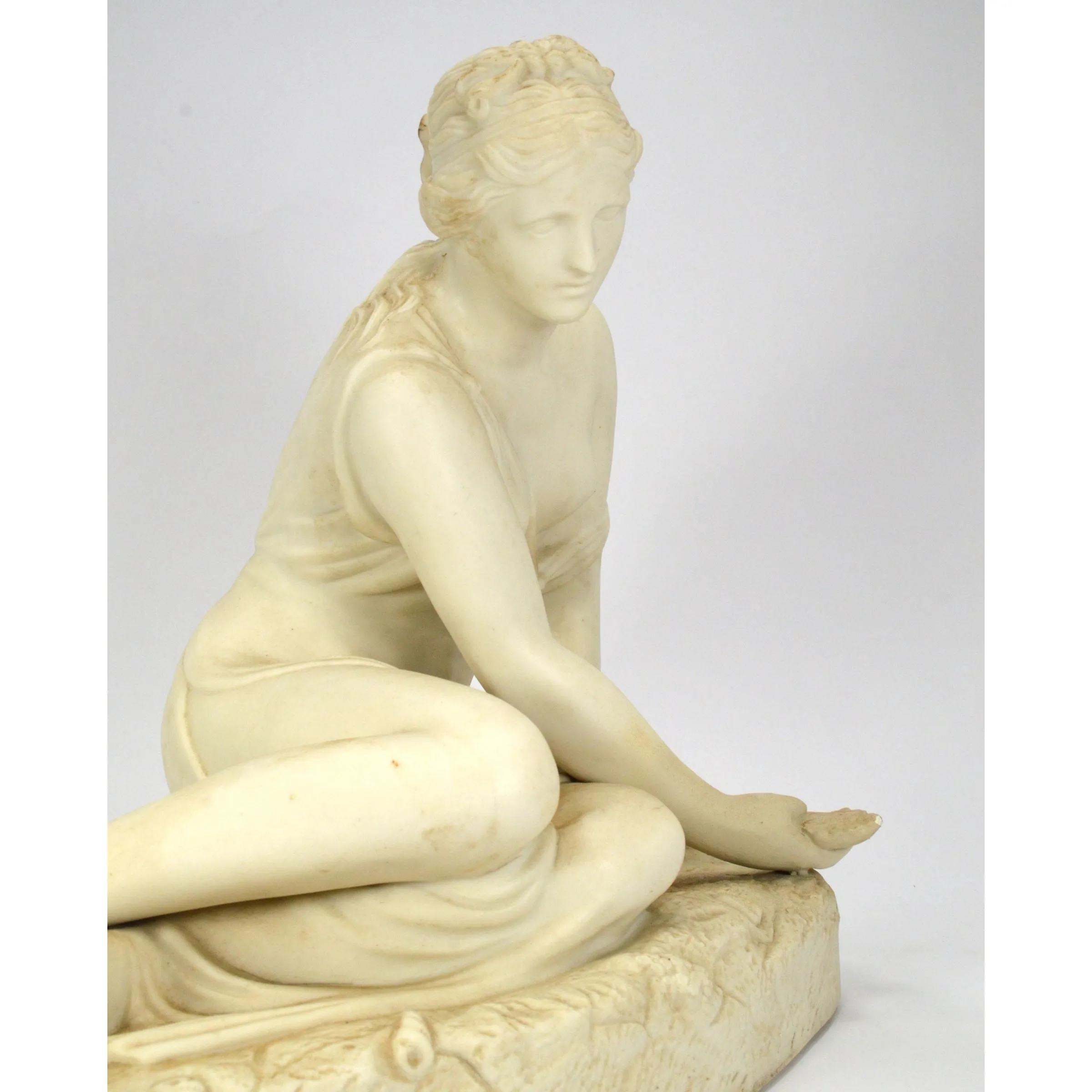 Antique PORCELAIN-PARIAN STATUE Large 12" MAIDEN NYMPH w/ LEAVES Seated on Rock