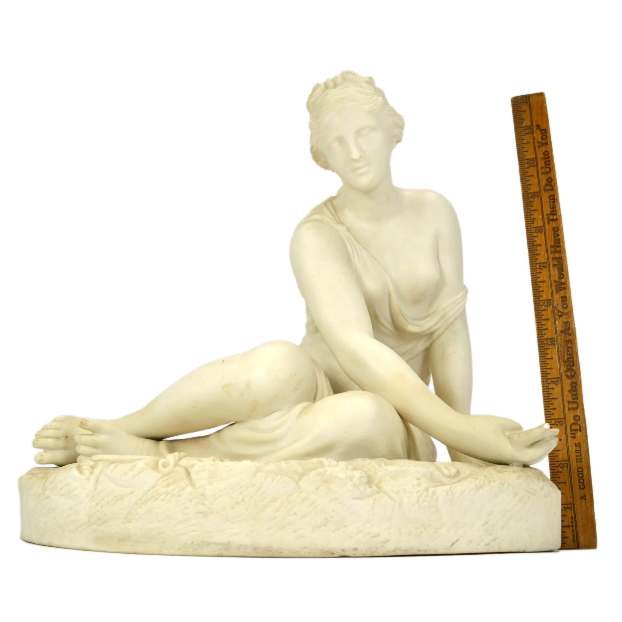 Antique PORCELAIN-PARIAN STATUE Large 12" MAIDEN NYMPH w/ LEAVES Seated on Rock