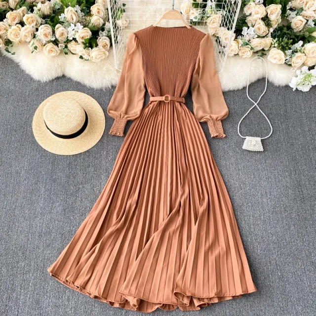 Autumn Fashion Streetwear Long Dress Design French Pleated Maxi Dress Women Elegant O Neck Long Sleeve A-line Dress