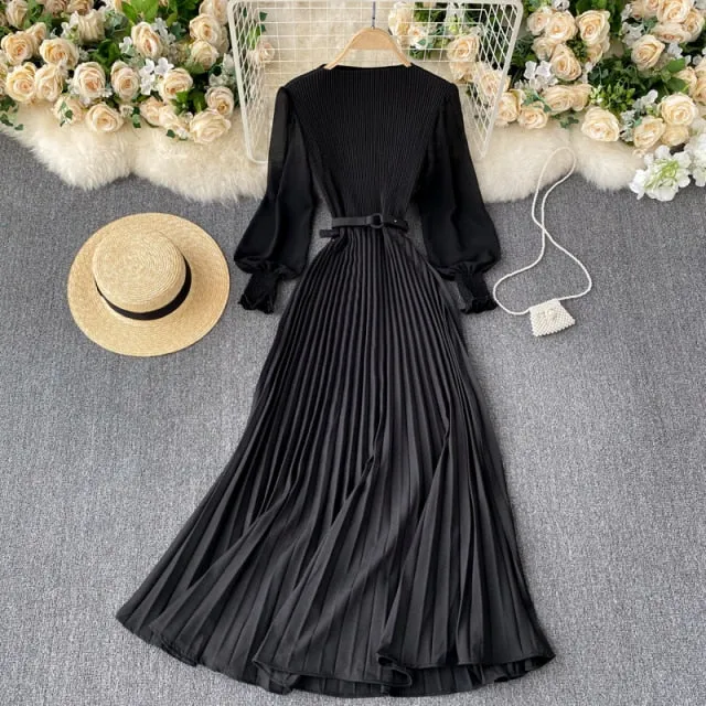 Autumn Fashion Streetwear Long Dress Design French Pleated Maxi Dress Women Elegant O Neck Long Sleeve A-line Dress