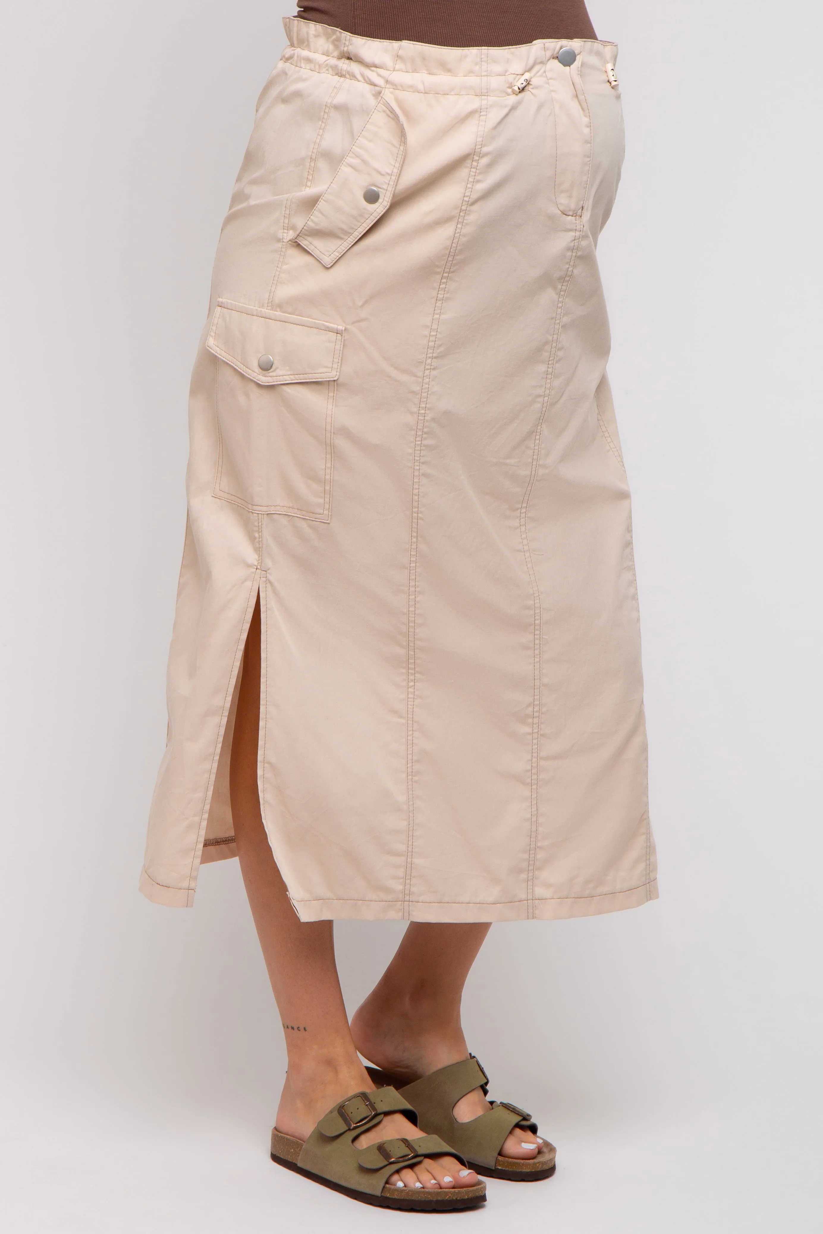 Beige Cargo Cinched Maternity Midi Skirt