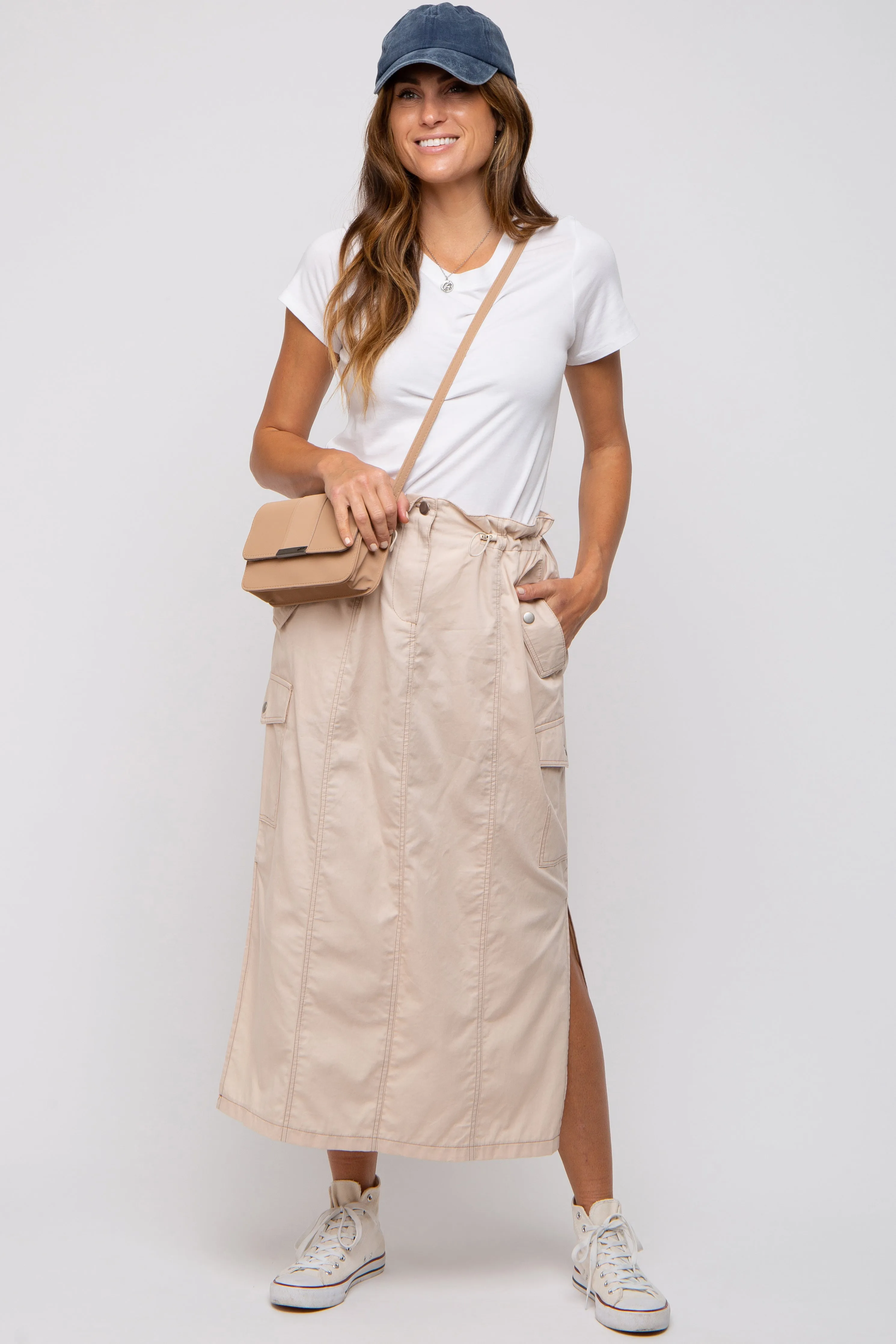 Beige Cargo Cinched Maternity Midi Skirt