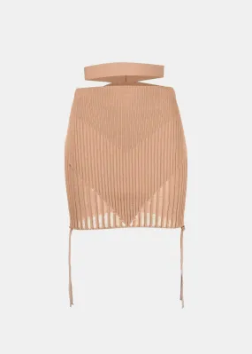 Beige Ribbed Knit Mini Skirt