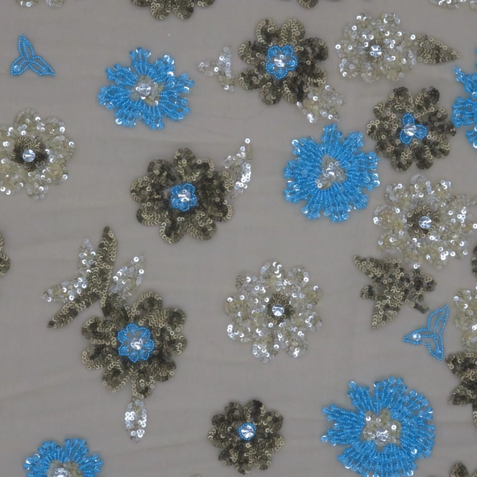 Beige Tulle with Blue Bronze and Gold Sequin Floral Embroidered Fabric