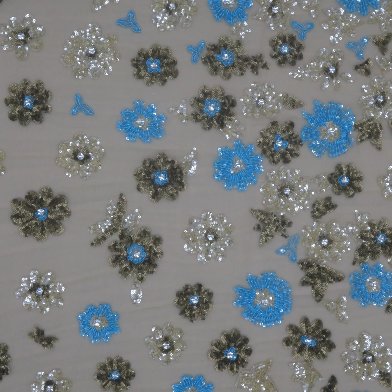 Beige Tulle with Blue Bronze and Gold Sequin Floral Embroidered Fabric