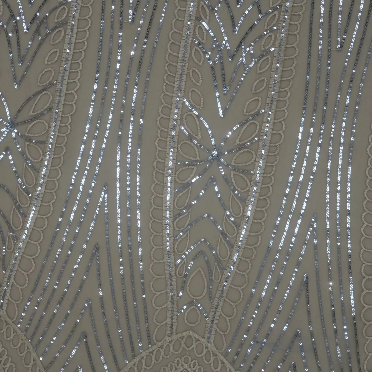 Beige Tulle with Champagne Abstract Design and Silver Sequin Embroidered Fabric