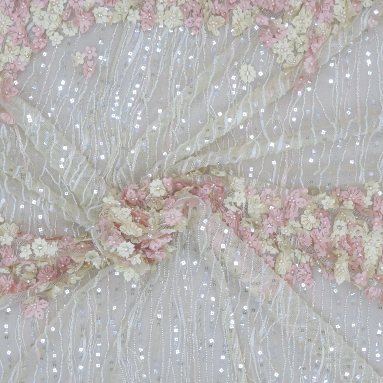 Beige Tulle with Pink and Champagne 3D Floral Design with Sequin Pearls and Rhinestone Embroidered Fabric