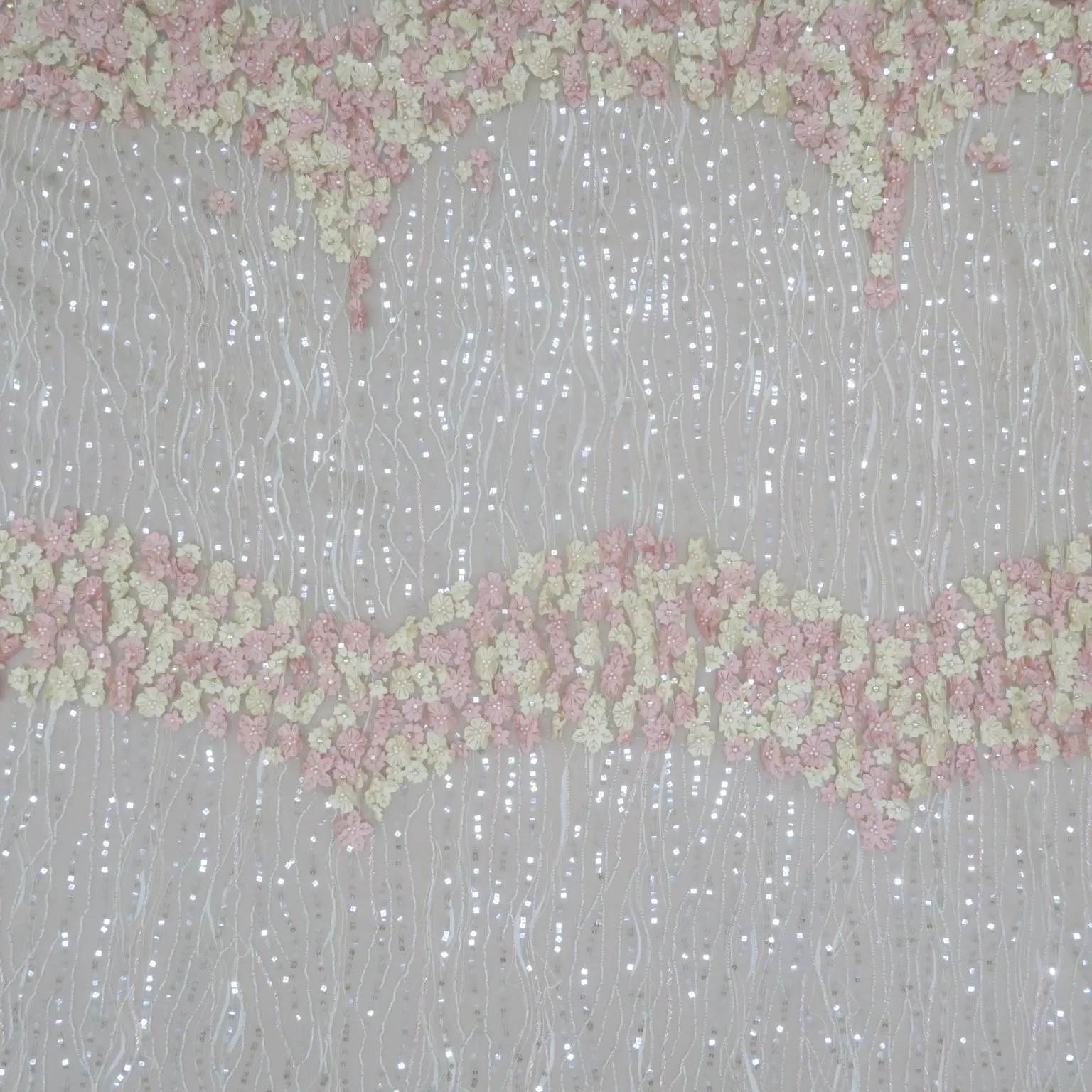 Beige Tulle with Pink and Champagne 3D Floral Design with Sequin Pearls and Rhinestone Embroidered Fabric