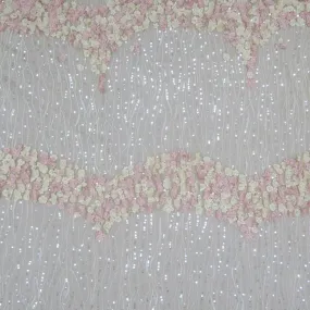 Beige Tulle with Pink and Champagne 3D Floral Design with Sequin Pearls and Rhinestone Embroidered Fabric