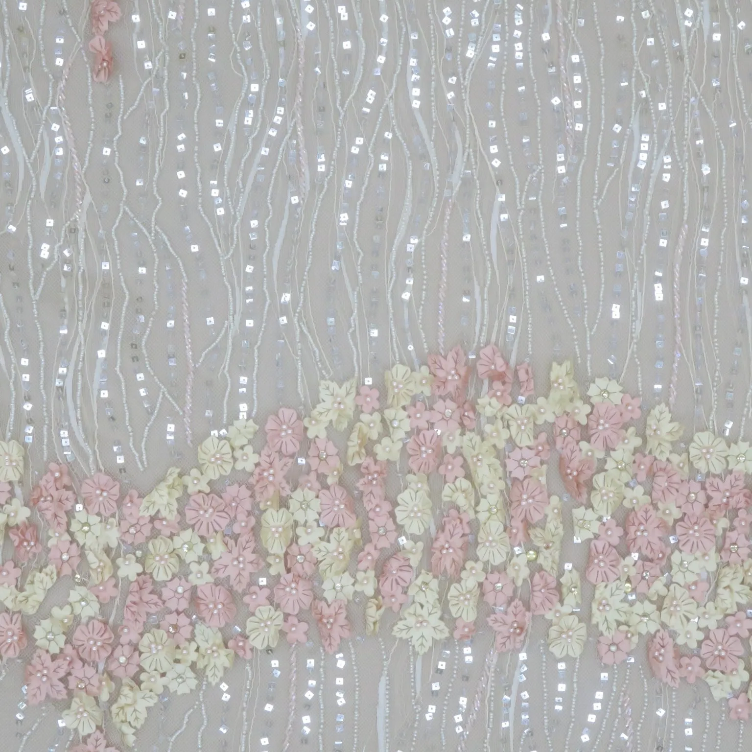 Beige Tulle with Pink and Champagne 3D Floral Design with Sequin Pearls and Rhinestone Embroidered Fabric