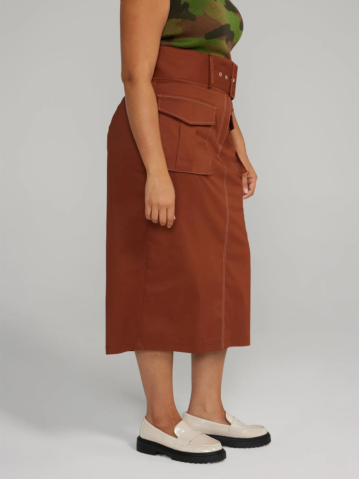 Belted Cargo Midi Skirt