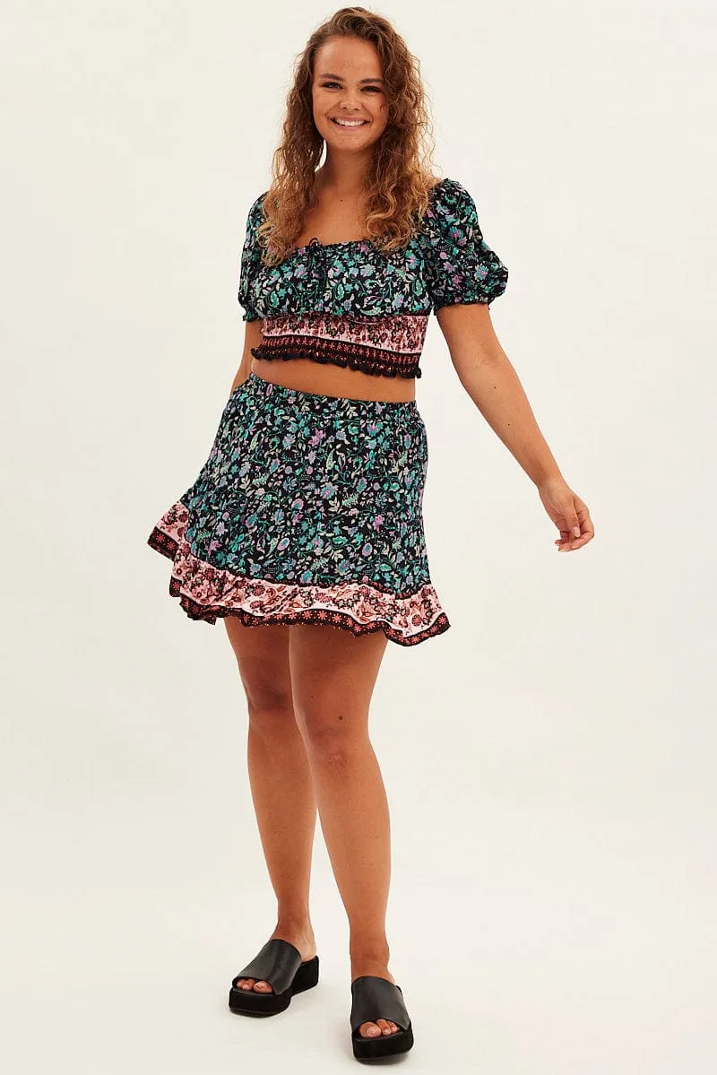 Black Boho Mini Skirt High Waist Tiered