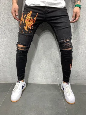 Black Orange Printed Skinny Fit Jeans AY666 Streetwear Jeans