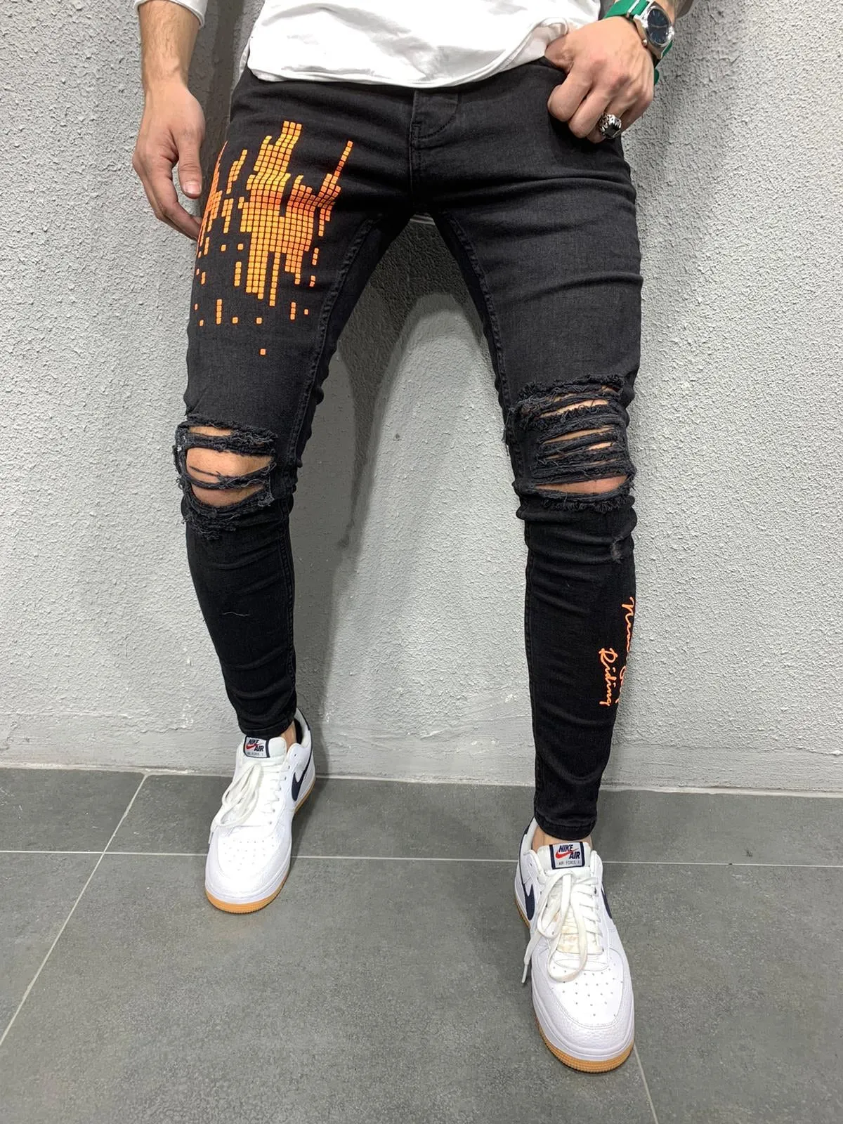 Black Orange Printed Skinny Fit Jeans AY666 Streetwear Jeans