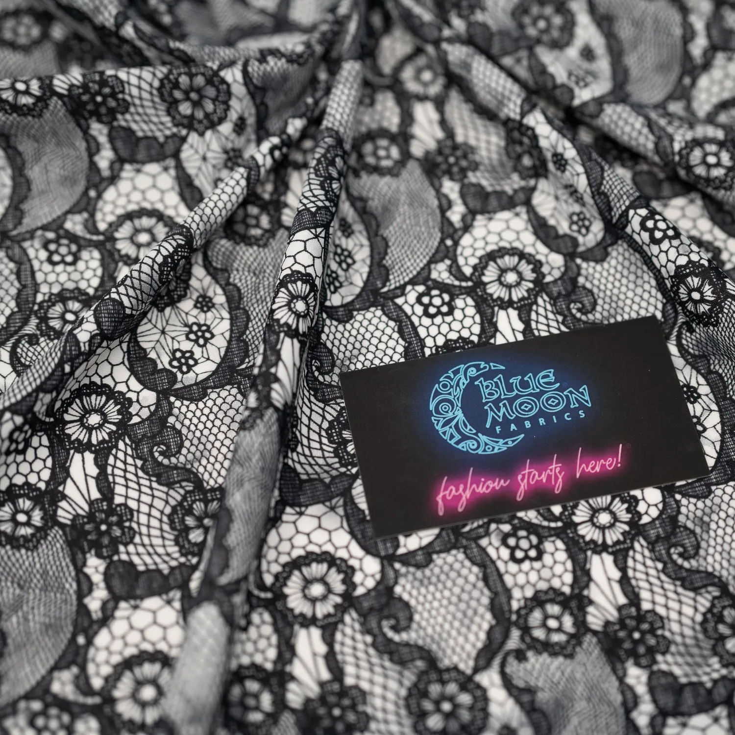 Black Paisley Lace Pattern on White Printed Spandex Fabric | Blue Moon Fabrics