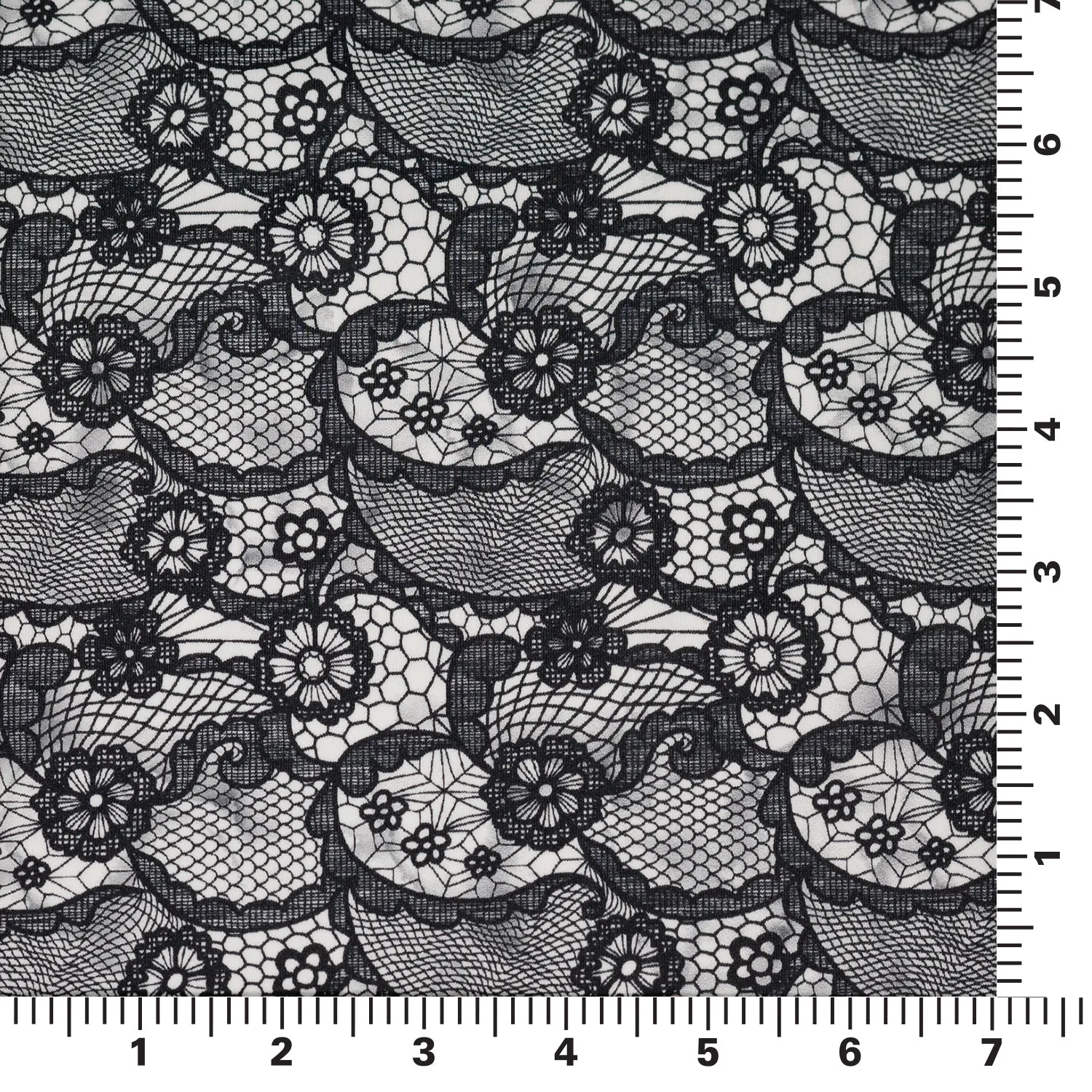 Black Paisley Lace Pattern on White Printed Spandex Fabric | Blue Moon Fabrics