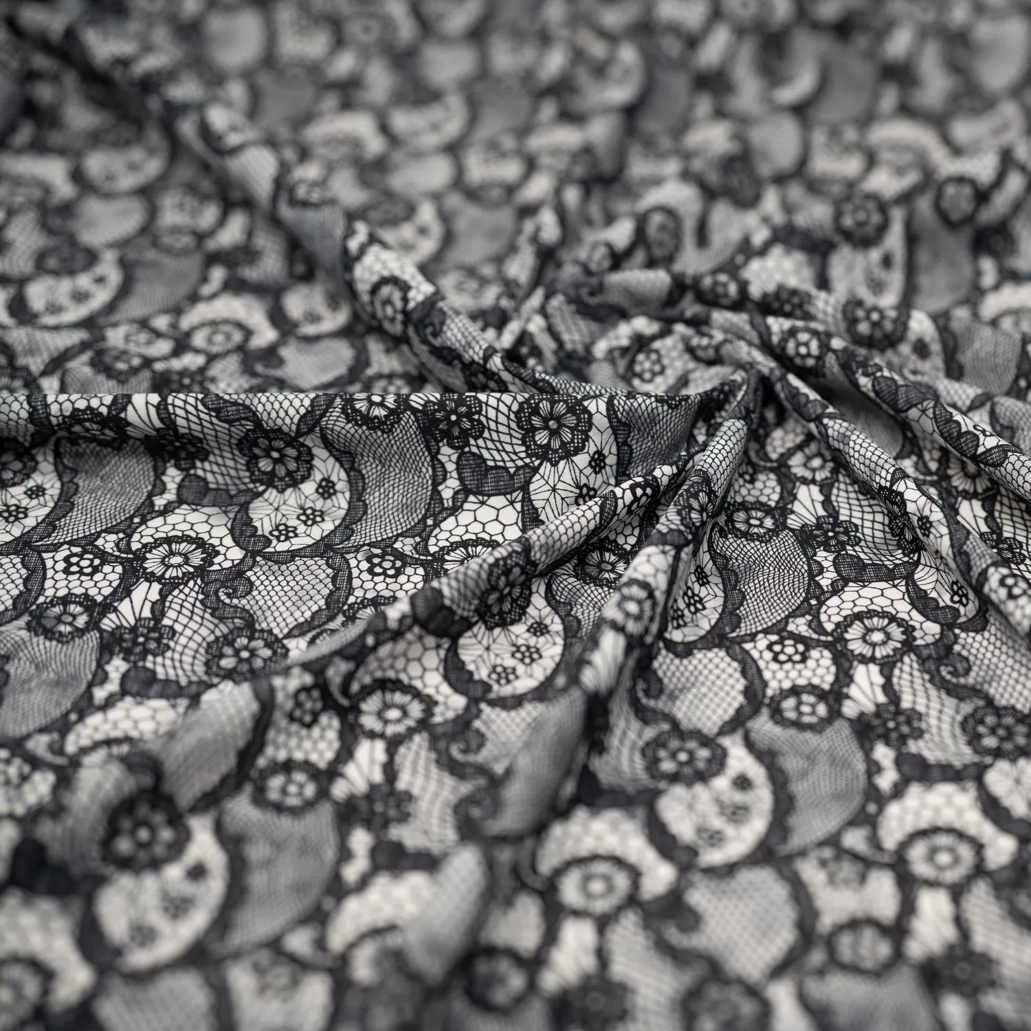 Black Paisley Lace Pattern on White Printed Spandex Fabric | Blue Moon Fabrics