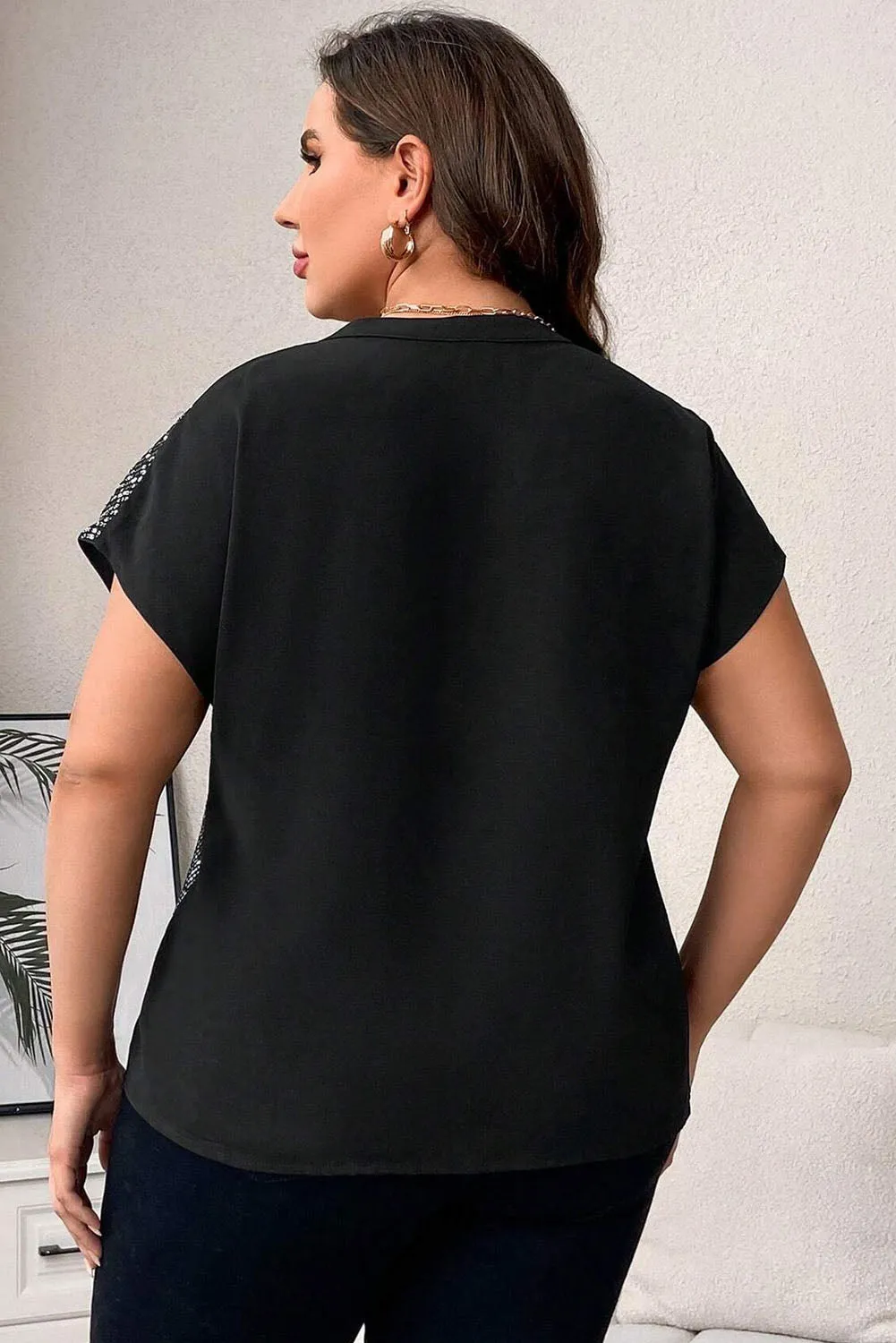 Black Plus Size Sequined V Neck Tee