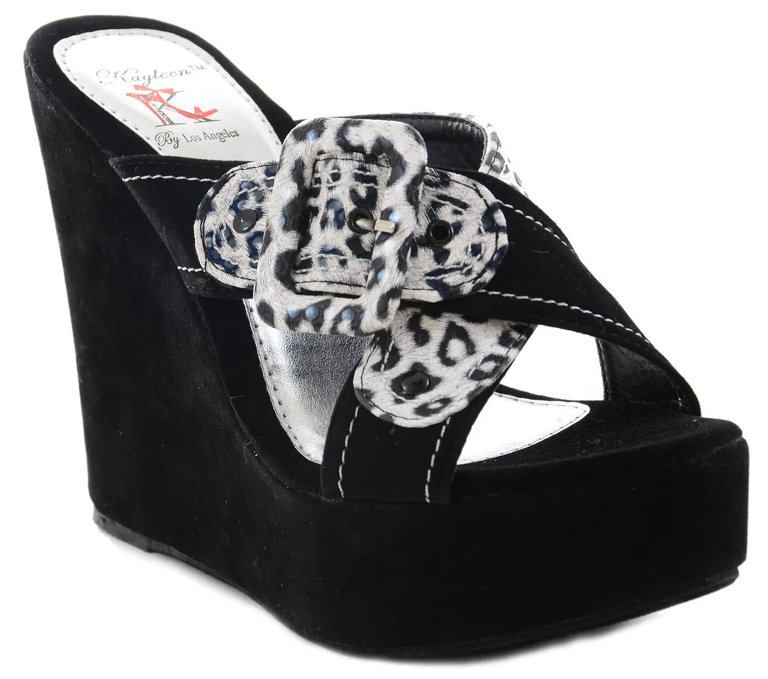 Black Shel-1 Leopard Criss Cross Open Toe Wedge