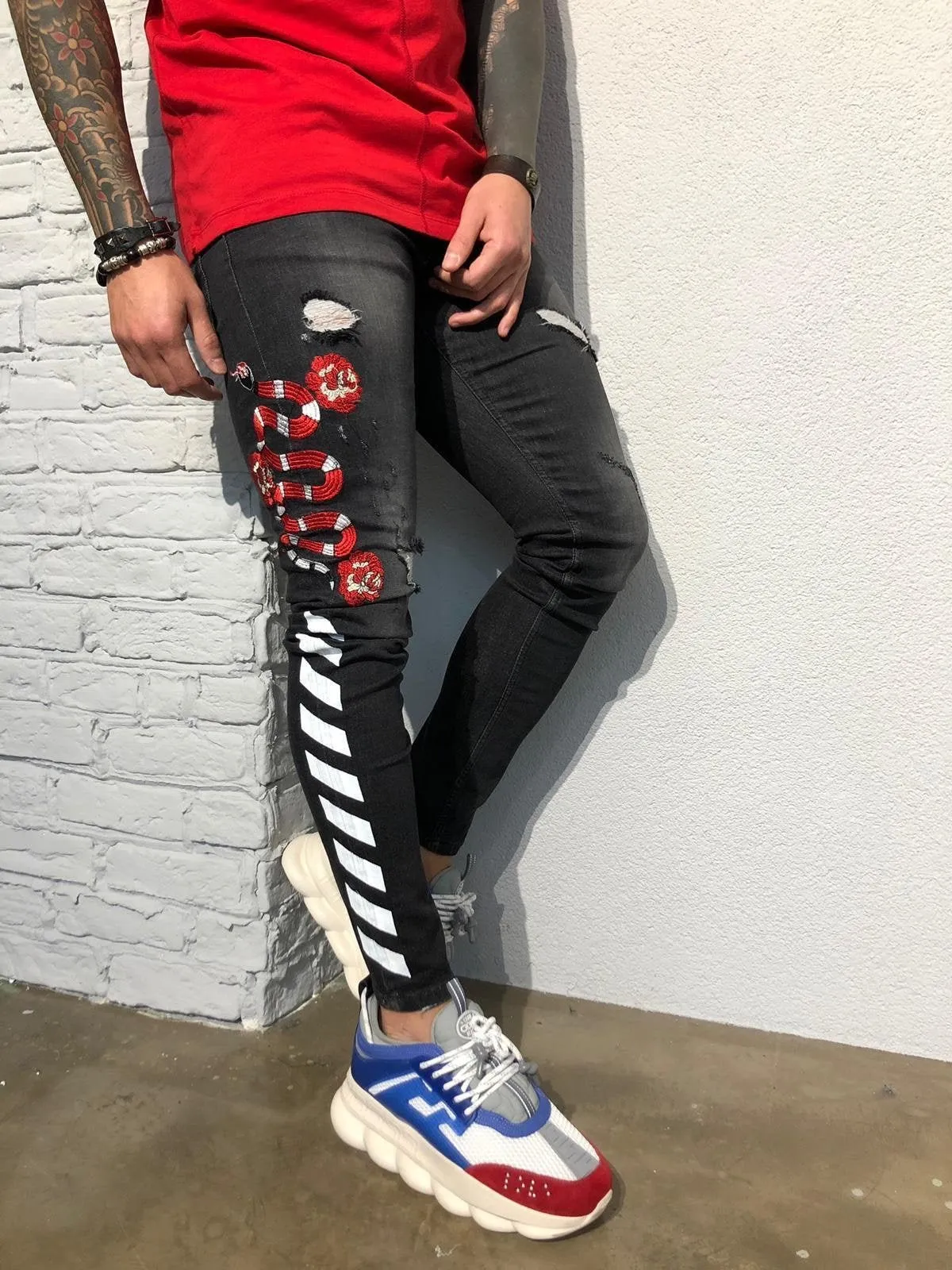 Black Side Printed Snake Patched Ultra Skinny Fit Denim B357 Streetwear Jeans