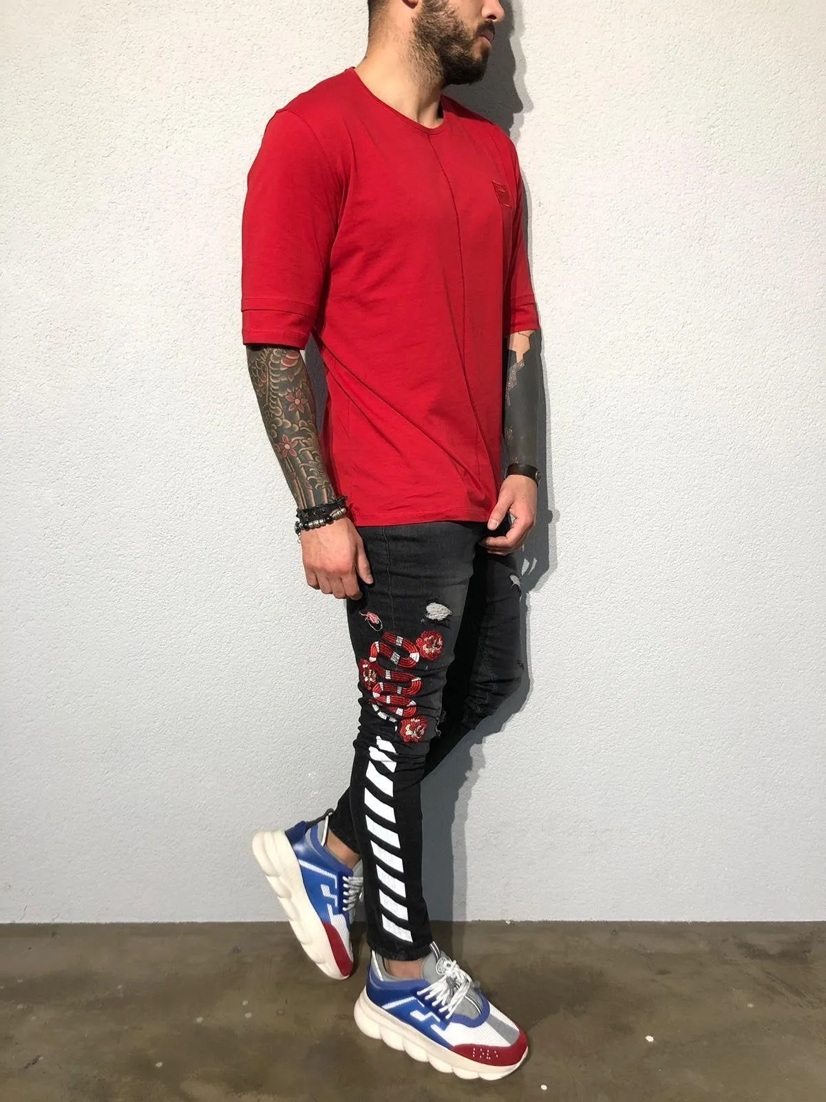 Black Side Printed Snake Patched Ultra Skinny Fit Denim B357 Streetwear Jeans