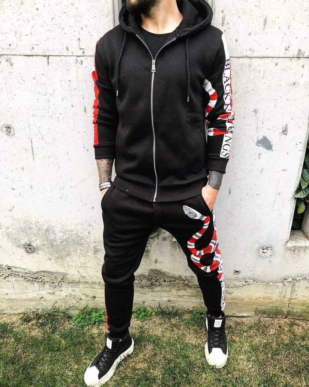 Black Striped Snake Printed Tracksuit B358 Streetwear Tracksuit