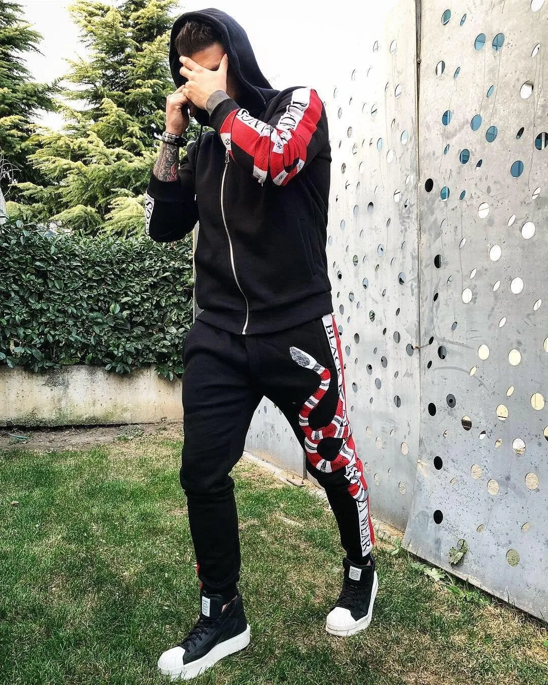 Black Striped Snake Printed Tracksuit B358 Streetwear Tracksuit