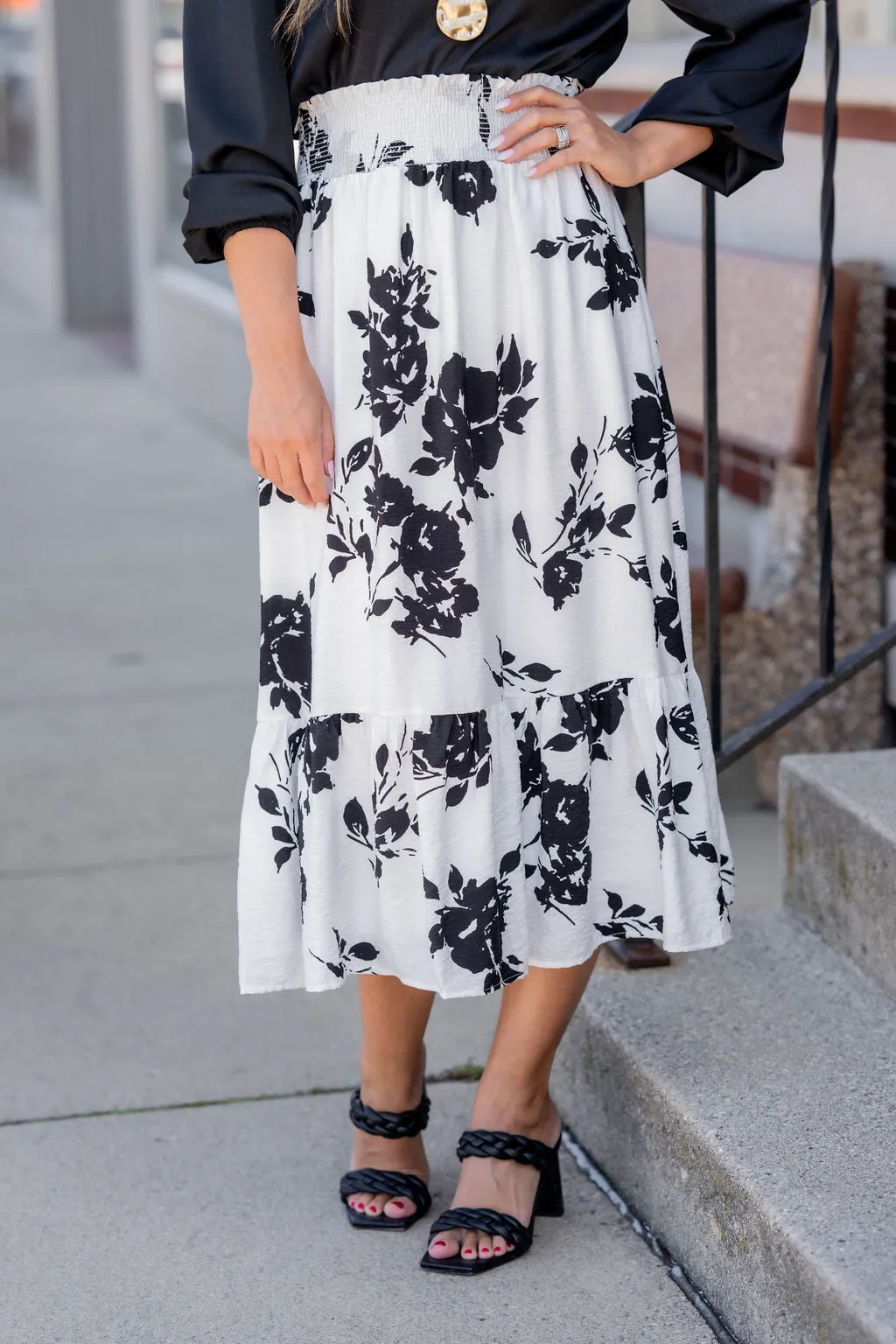 Blossoms Ruffle Bottom Midi Skirt