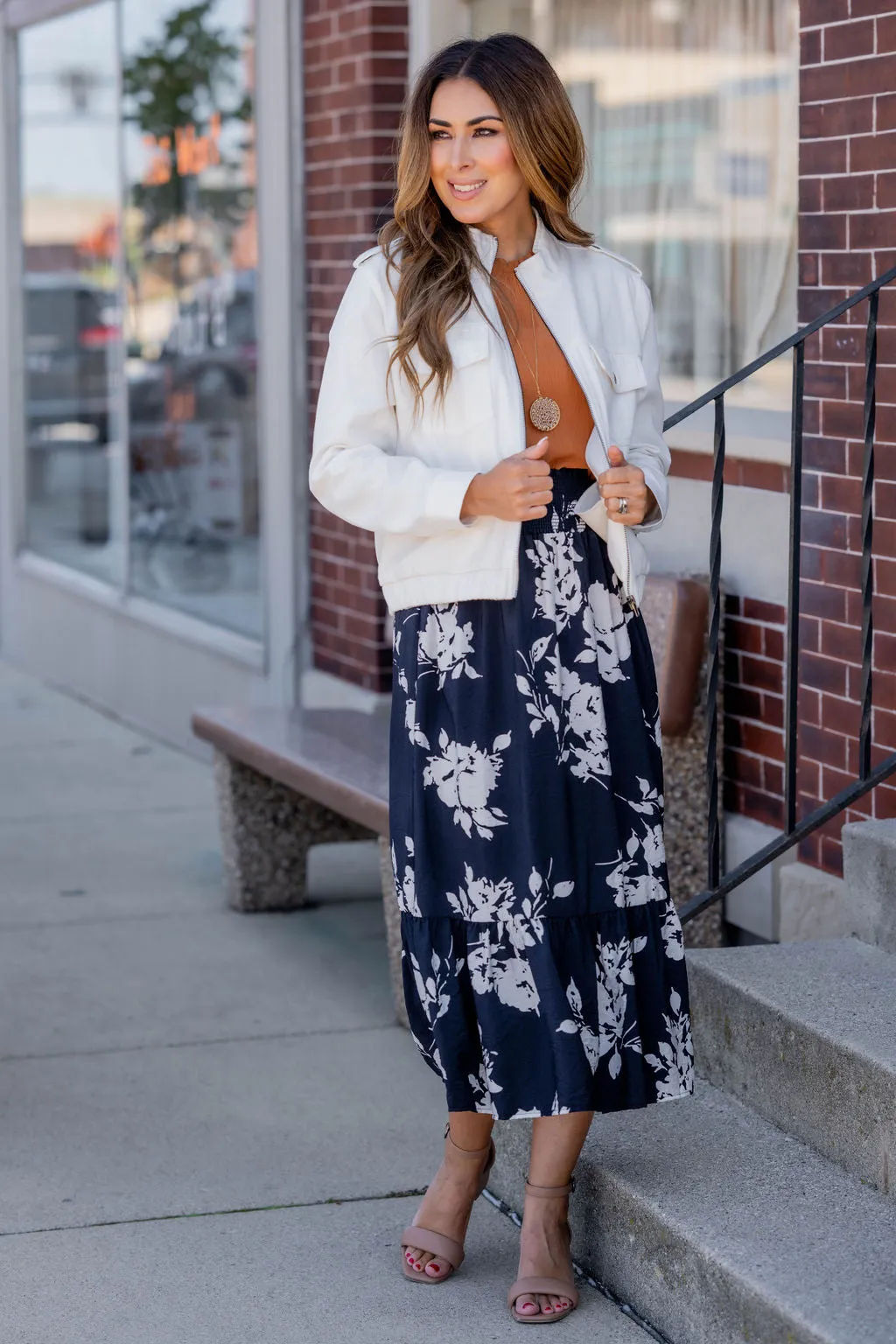 Blossoms Ruffle Bottom Midi Skirt