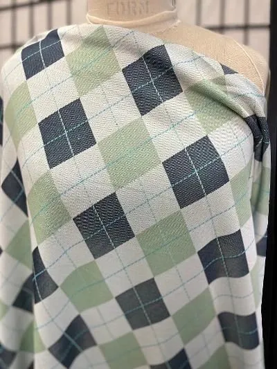 Blue & Green Argyle Print Poly Jersey