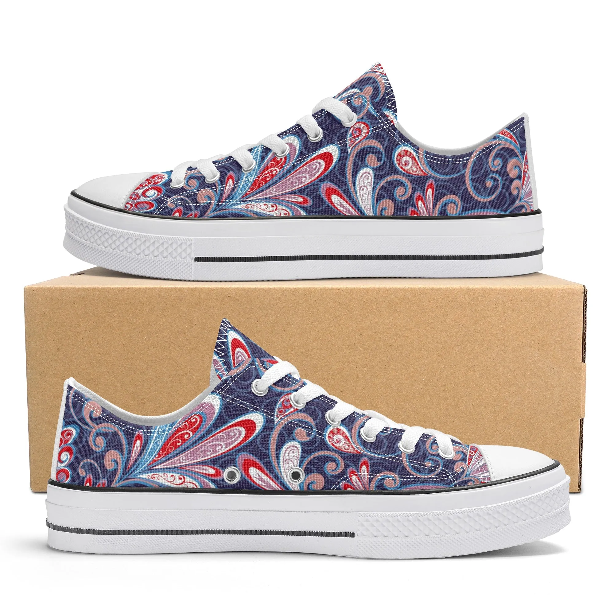 Blue and Red Paisley Pattern - Mens Classic Low Top Canvas Shoes for Footwear Lovers