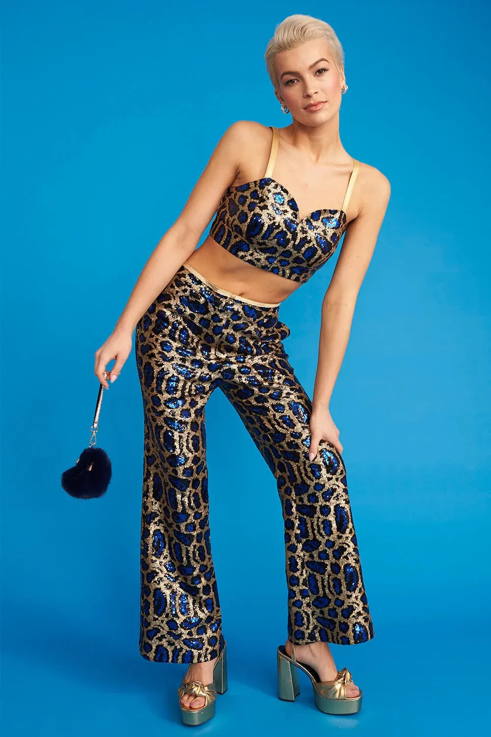 Blue Bamboo Animal Print Sequin Trousers